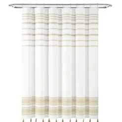Shower Curtains-Kirkland's Home Neutral Striped And Tasseled Shower Curtain Tan/White