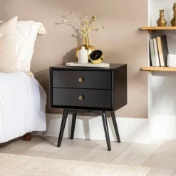 Nightstands-Kirkland's Home Nightshade Mid Century Wooden Nightstand Black