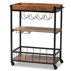 Kitchen Islands & Bar Carts-Kirkland's Home Oak And Black Metal Bar Cart With Bottle Rack