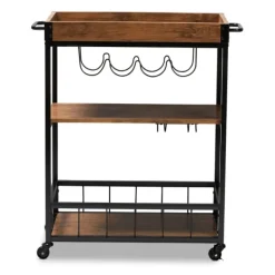 Kitchen Islands & Bar Carts-Kirkland's Home Oak And Black Metal Bar Cart With Bottle Rack