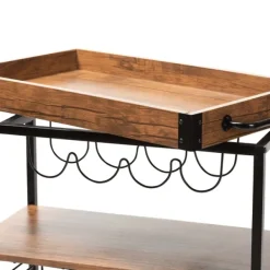 Kitchen Islands & Bar Carts-Kirkland's Home Oak And Black Metal Bar Cart With Bottle Rack