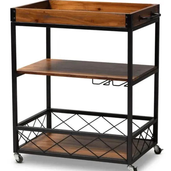 Kitchen Islands & Bar Carts-Kirkland's Home Oak And Black Metal Bar Cart With Stemware Rack