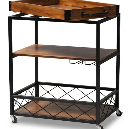 Kitchen Islands & Bar Carts-Kirkland's Home Oak And Black Metal Bar Cart With Stemware Rack