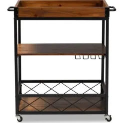 Kitchen Islands & Bar Carts-Kirkland's Home Oak And Black Metal Bar Cart With Stemware Rack