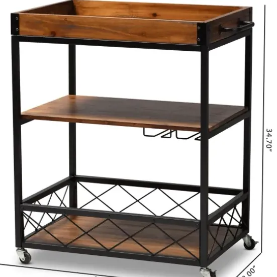 Kitchen Islands & Bar Carts-Kirkland's Home Oak And Black Metal Bar Cart With Stemware Rack