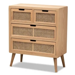 Dressers & Chests-Kirkland's Home Oak And Rattan 4-Drawer Chest