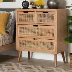 Dressers & Chests-Kirkland's Home Oak And Rattan 4-Drawer Chest