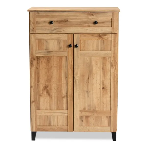 Entryway Furniture-Kirkland's Home Oak 2-Door Grid Shoe Storage Cabinet Tan