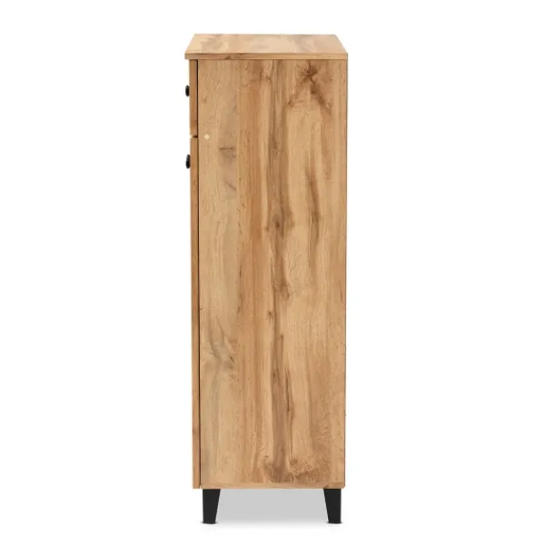 Entryway Furniture-Kirkland's Home Oak 2-Door Grid Shoe Storage Cabinet Tan
