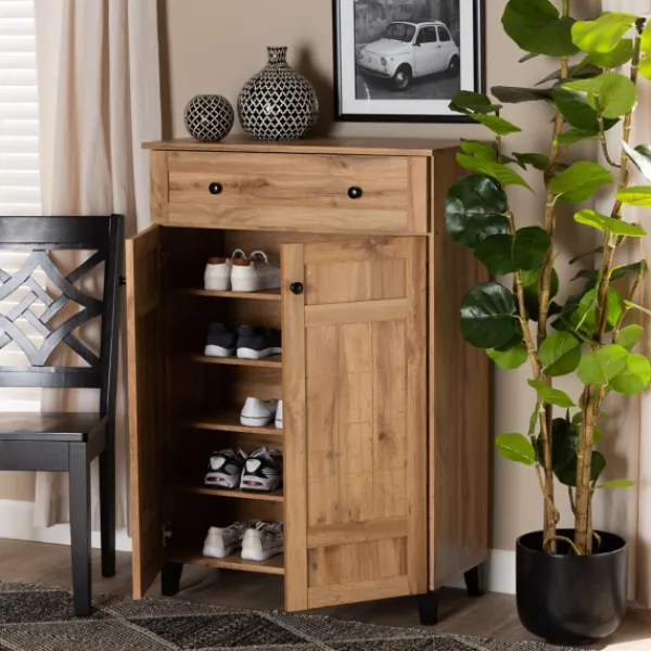 Entryway Furniture-Kirkland's Home Oak 2-Door Grid Shoe Storage Cabinet Tan