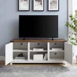 Tv Stands & Media Consoles-Kirkland's Home Oak Farmhouse Double Door Tv Stand Brown/White
