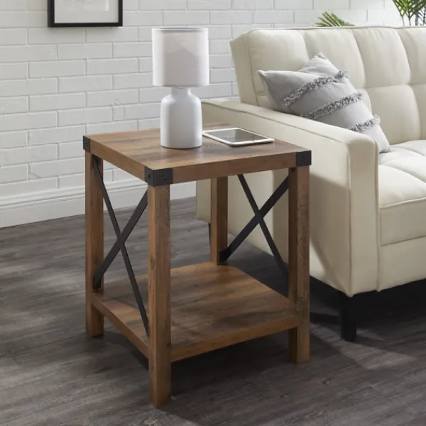 Accent & End Tables-Kirkland's Home Oak Industrial X-Frame Accent Table Brown