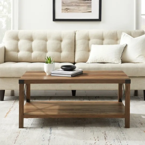 Coffee Tables-Kirkland's Home Oak Industrial X-Frame Coffee Table Brown
