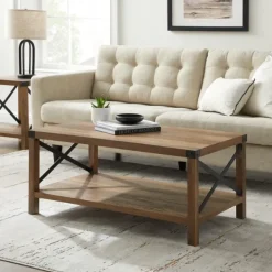 Coffee Tables-Kirkland's Home Oak Industrial X-Frame Coffee Table Brown