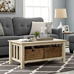 Coffee Tables-Kirkland's Home Oak Traditional Wooden Basket Coffee Table White
