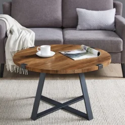 Coffee Tables-Kirkland's Home Oak Urban Rustic Round Coffee Table Brown