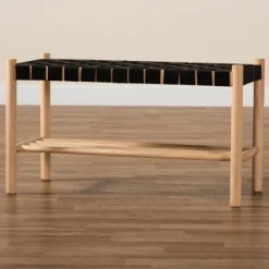 Benches & Ottomans-Kirkland's Home Oak Wood And Woven Nylon Bench Black/Tan