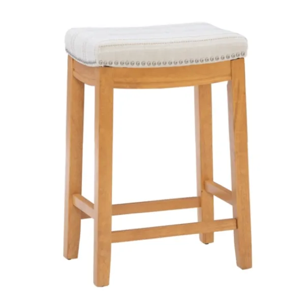 Bar Stools & Counter Height Stools-Kirkland's Home Oak Wood Counter Stool With Beige Striped Cushion Gray