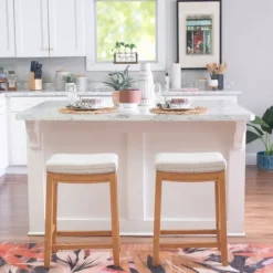Bar Stools & Counter Height Stools-Kirkland's Home Oak Wood Counter Stool With Beige Striped Cushion Gray