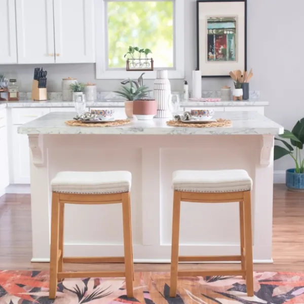 Bar Stools & Counter Height Stools-Kirkland's Home Oak Wood Counter Stool With Beige Striped Cushion Gray