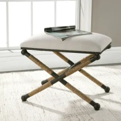 Benches & Ottomans-Kirkland's Home Oatmeal Upholstered Wrapped Rope Frame Bench Ivory