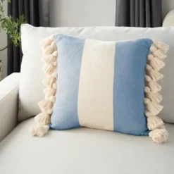 Pillows-Kirkland's Home Ocean And Ivory Striped Tassel Pillow Blue/Ivory