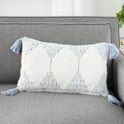 Pillows-Kirkland's Home Ocean Stripe Diamond Tassels Cotton Lumbar Pillow Blue