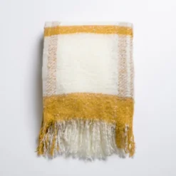 Blankets & Throws-Kirkland's Home Ochre Windowpane Faux Mohair Throw Yellow/White