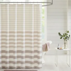 Shower Curtains-Kirkland's Home Ombre Gray Stripe Yarn Dyed Shower Curtain Tan