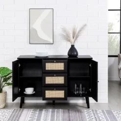 Cabinets & Sideboards-Kirkland's Home Onyx Wood And Natural Rattan Doors Sideboard Tan/Black