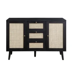 Cabinets & Sideboards-Kirkland's Home Onyx Wood And Natural Rattan Doors Sideboard Tan/Black