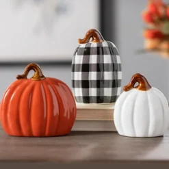 Statues & Figurines-Kirkland's Home Orange, White, & Buffalo Check Pumpkins, Set Of 3 Multi
