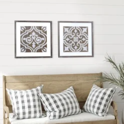 Wall Plaques-Kirkland's Home Ornate Carved Wood Tile Framed Wall Plaque White/Brown