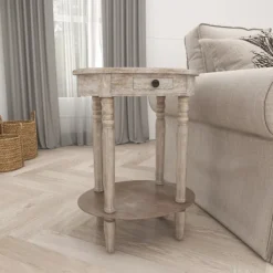 Accent & End Tables-Kirkland's Home Oval Washed Pine Wood Side Table White