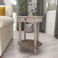 Accent & End Tables-Kirkland's Home Oval Washed Pine Wood Side Table White