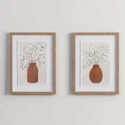 Framed Art-Kirkland's Home Palm Leaves In Vase Framed Art Prints, Set Of 2 White/Tan/Brown