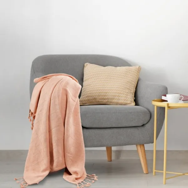 Blankets & Throws-Kirkland's Home Peach Checkered Weave Fringe Throw Pink