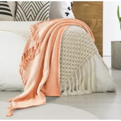 Blankets & Throws-Kirkland's Home Peach Checkered Weave Fringe Throw Pink