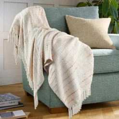 Blankets & Throws-Kirkland's Home Peach Shimmer Stripe Woven Throw Pink/White/Tan