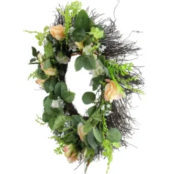 Wreaths-Kirkland's Home Peachy Roses And Baby'S Breath Wreath Green/Pink/White
