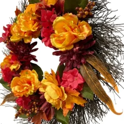 Wreaths-Kirkland's Home Peony And Mum Floral Wreath Yellow/Red/Orange