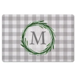 Kitchen & Floor Mats-Kirkland's Home Personalized Gray Buffalo Check Wreath Kitchen Mat Gray/White
