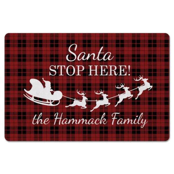 Kitchen & Floor Mats-Kirkland's Home Personalized Plaid Santa Stop Here Kitchen Mat Red/White