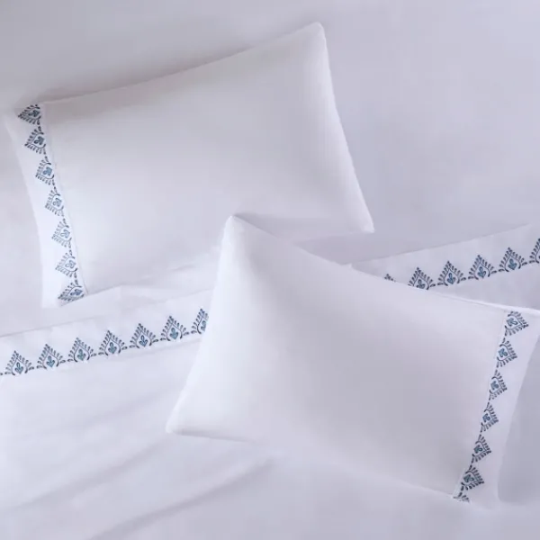 Bed Sheets-Kirkland's Home Petal Blossom Hem Microfiber 4-Pc. King Sheet Set White/Blue