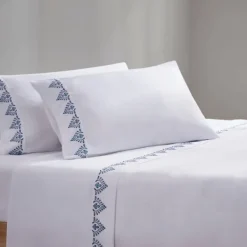 Bed Sheets-Kirkland's Home Petal Blossom Hem Microfiber 4-Pc. Queen Sheet Set White/Blue