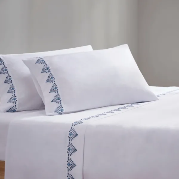 Bed Sheets-Kirkland's Home Petal Blossom Hem Microfiber 4-Pc. Full Sheet Set White/Blue