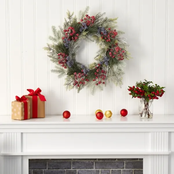 Wreaths-Kirkland's Home Pine And Cedar Branches With Berries Wreath Green/Red/Purple
