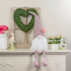 Statues & Figurines-Kirkland's Home Pink And White Plaid Gnome Shelf Sitter Pink/White