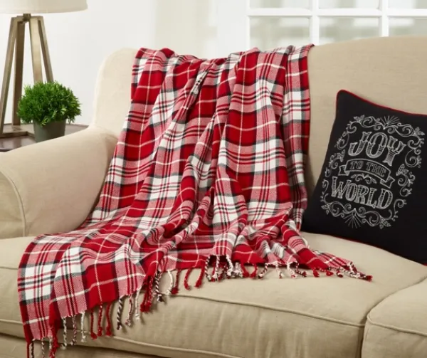 Blankets & Throws-Kirkland's Home Plaid Cotton Throw With Tassels Red