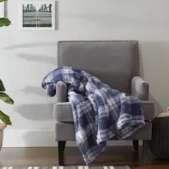 Blankets & Throws-Kirkland's Home Plaid Plush Throw Blue